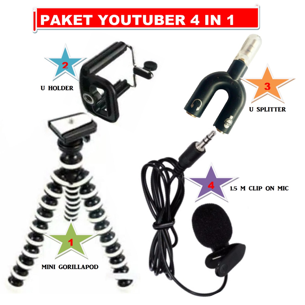 Paket Youtuber 4 IN 1 Mini Gorillapod+ HOLDER HP U + CLIP ON MIC + U SPLITTER