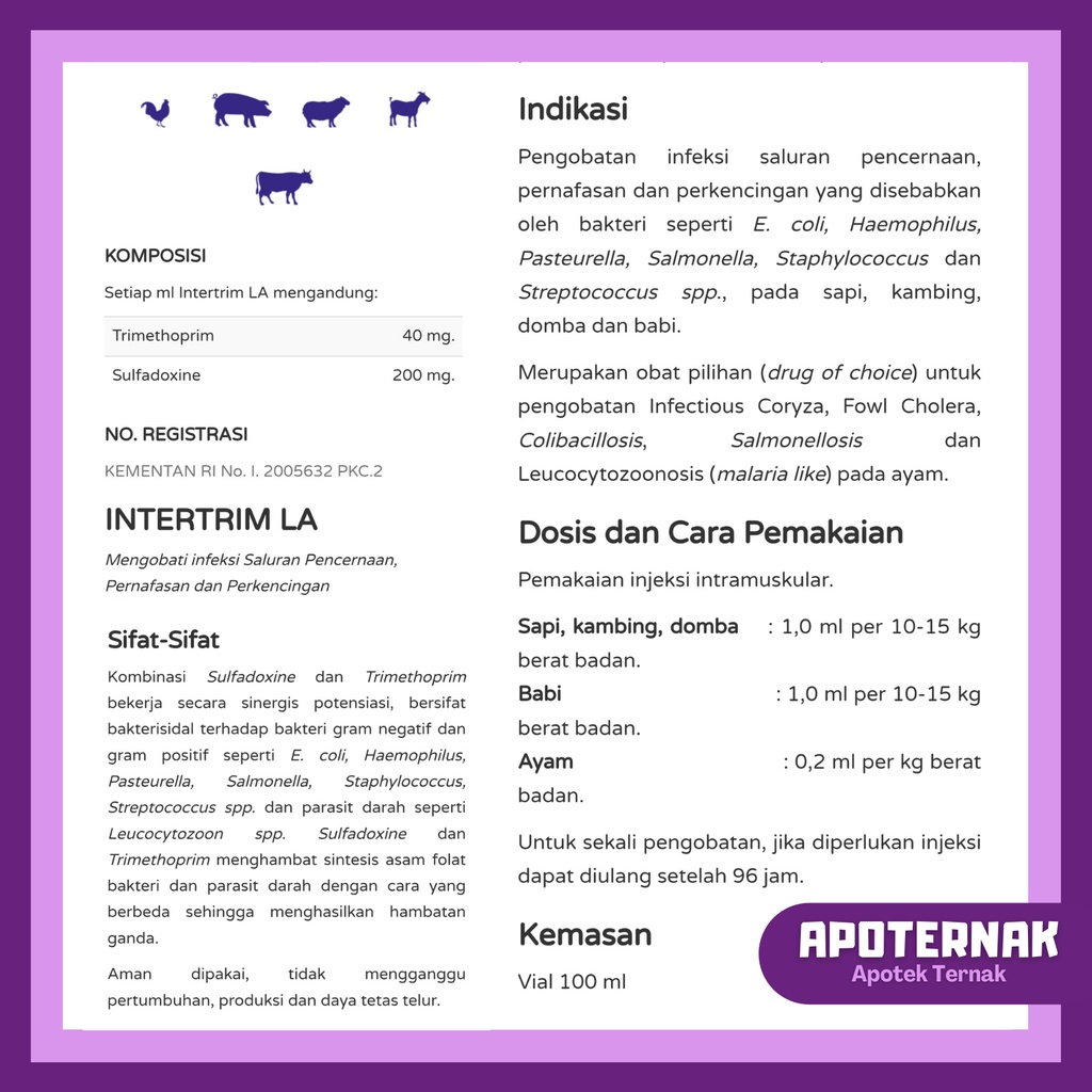 INTERTRIM LA 100 ml | Obat Infeksi Saluran Pencernaan Pernafasan dan Pekencingan Sapi Kambing Anjing Kucing Babi Ayam | Intertrim Long Acting | Apoternak