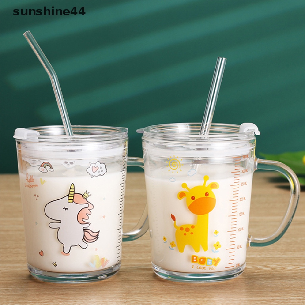 Sunshine Gelas / Mug Kaca Motif Kartun Lucu Dengan Tutup + Sedotan Untuk Susu