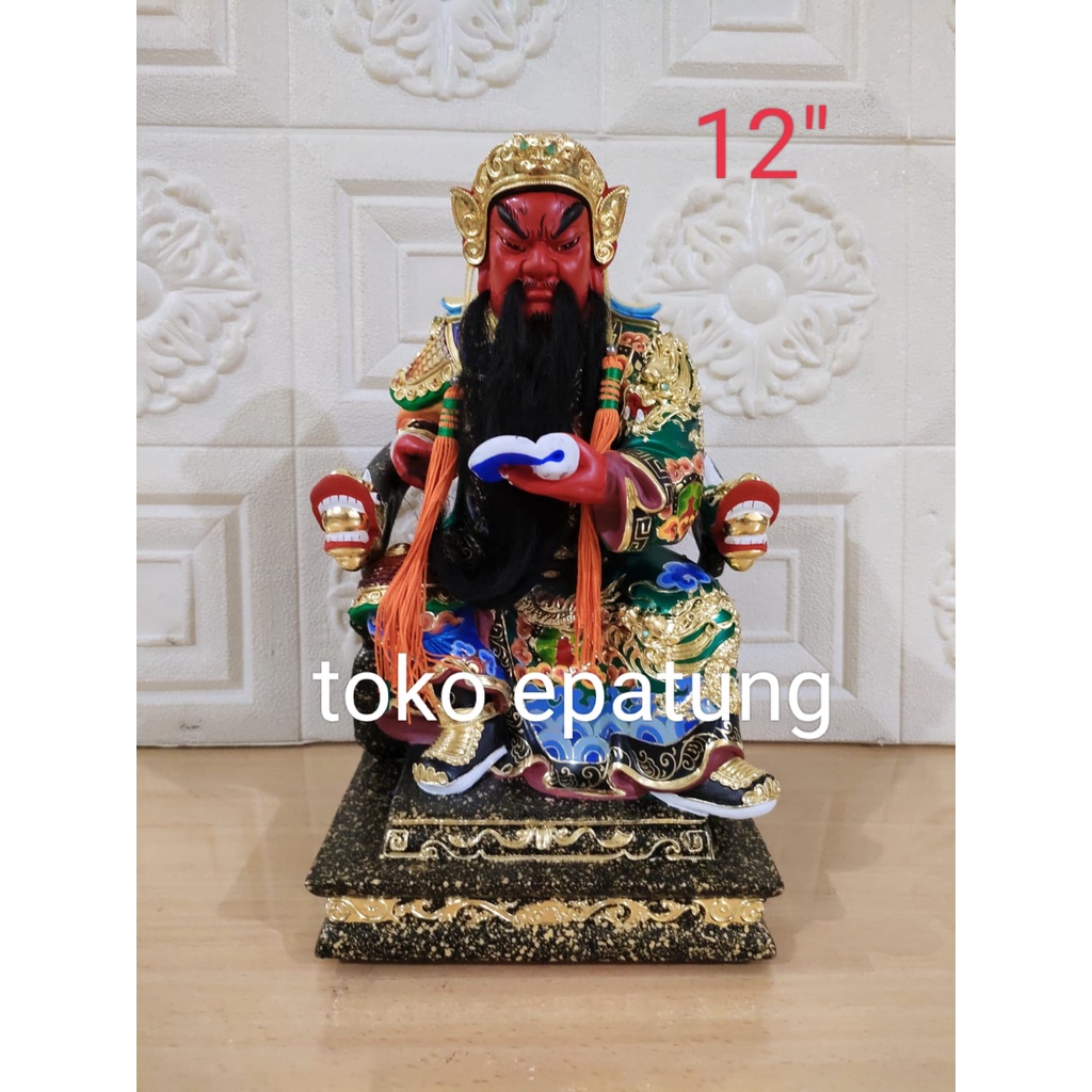 patung dewa kwan kung / kwan kong / kwan te - kayu taiwan - 12 inch - duduk - Kumis