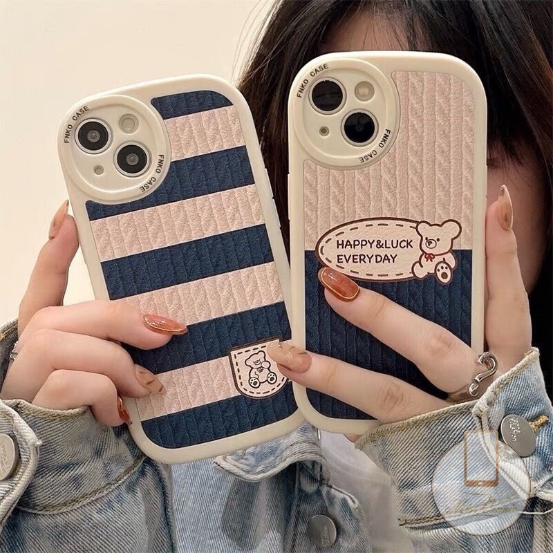 Casing Soft Case Kompatibel Untuk iPhone 7Plus 8Plus 6 6s Plus 11 13 12 14 Pro MAX XR X XS Max7 8 SE 2020 Motif Rajut Beruang Kartun Lucu Garis Splicing Lembut TPU Penutup Belakang