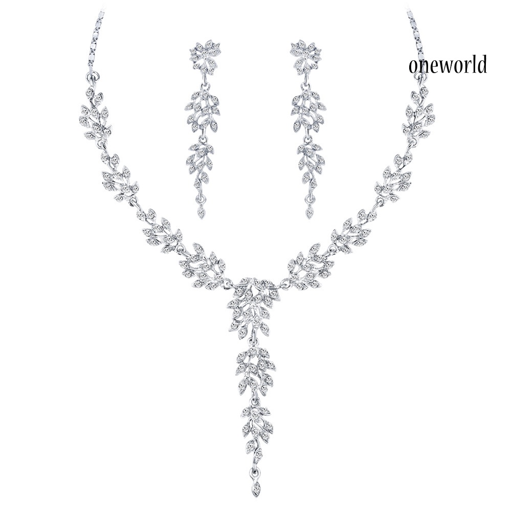 OW@ Fashion Leaf Rhinestones Necklace Earrings Women Bride Wedding Jewelry Set