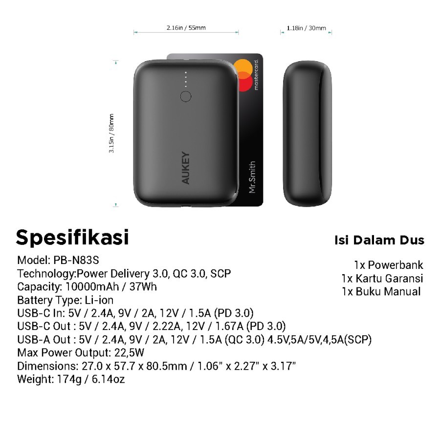 AUKEY PB-N83S - BASIX MINI 20W - 10000mAh Ultra-Compact Powerbank - Powerbank 10000mAh 20W MAX