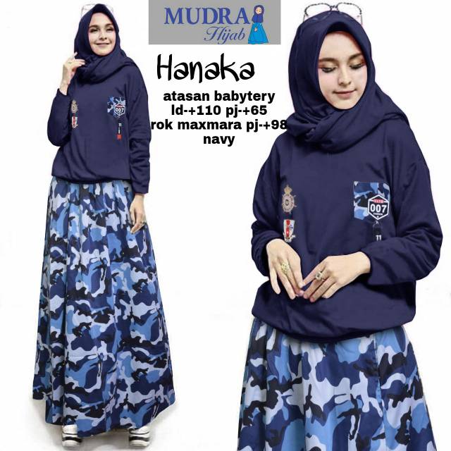 Hanaka Set Polos Combi Army Bahan Babyterry Skirt Maxmara Ori Mudra Hijab