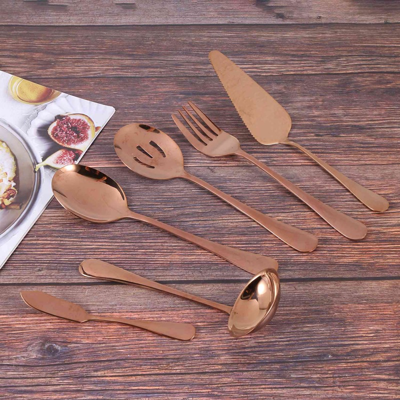 6-Piece Serving Flatware Sierware Set, Serving Utensil Set,Include Cake Server, Slotted Serving Spoon Rose Gold