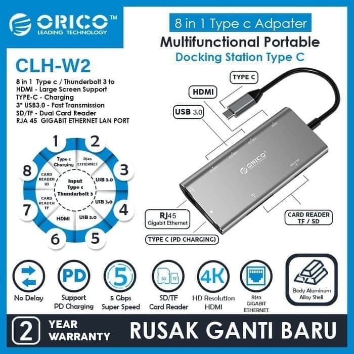 ORICO CLH-W2 Type-C To USB 3.0 Hub PD 4K HDMI Lan Gigabit TF SD 8 In 1 - Orico