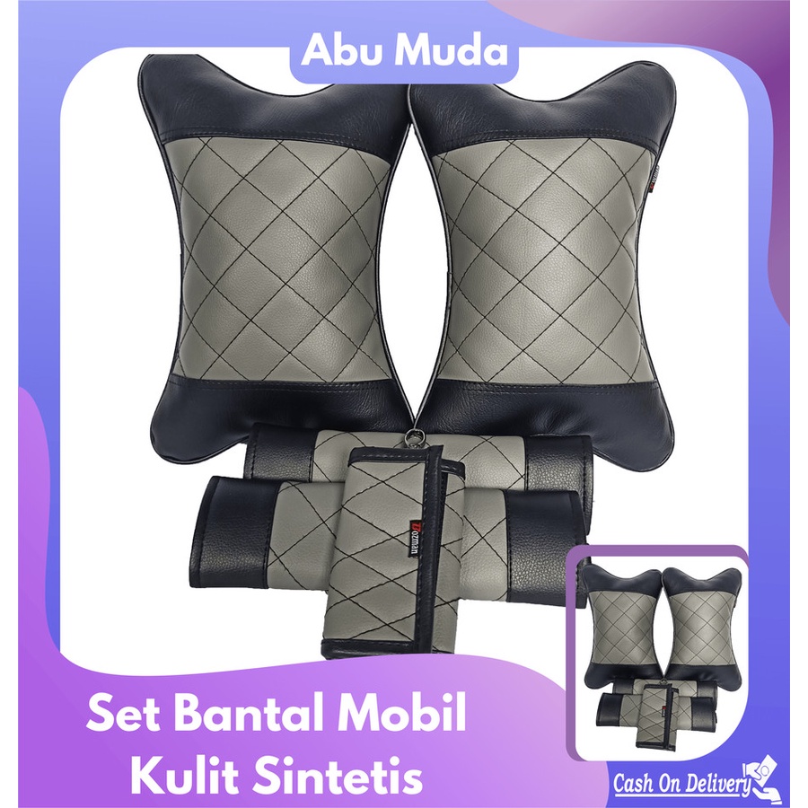 Set Bantal Mobil Kulit Sintetis Premium Leather 3 In 1 Abu Muda isi 2 bantal mobil 2 seatbelt dan 1dompet stnk