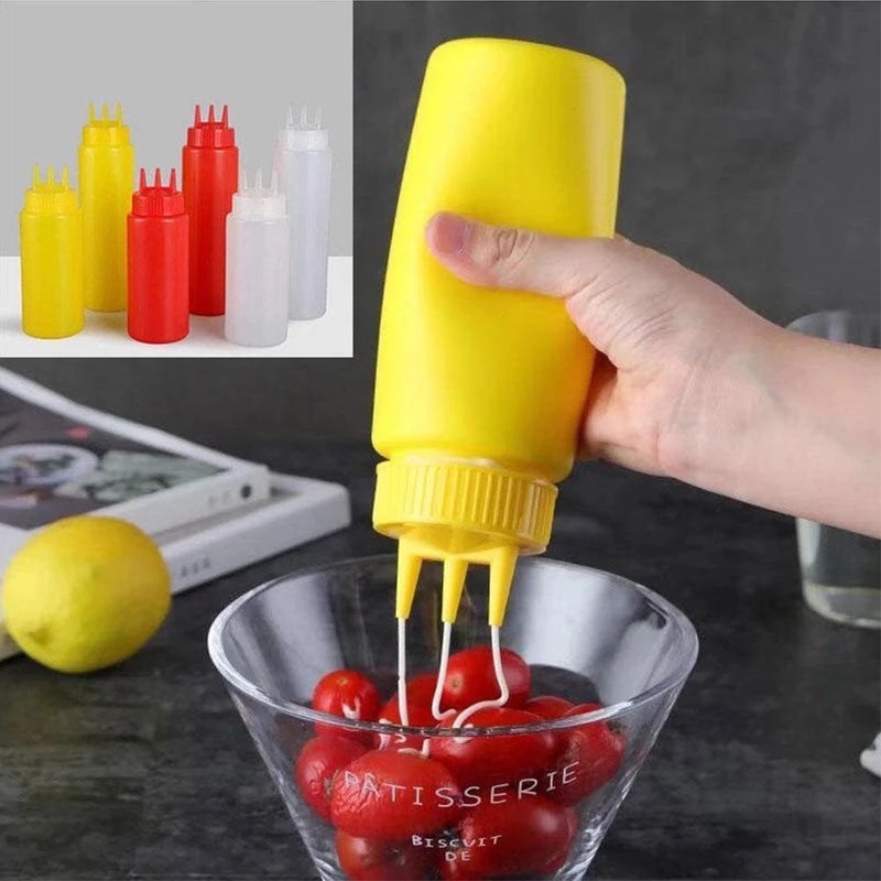 [PE Three-hole Squeeze Sauce Bottle Mustard Bottle] [Food Grade Plastic Squeeze Bottle, Condiment Dispenser] [Sauce Vinegar Ketchup Container] [Kitchen Seasoning Bottle]