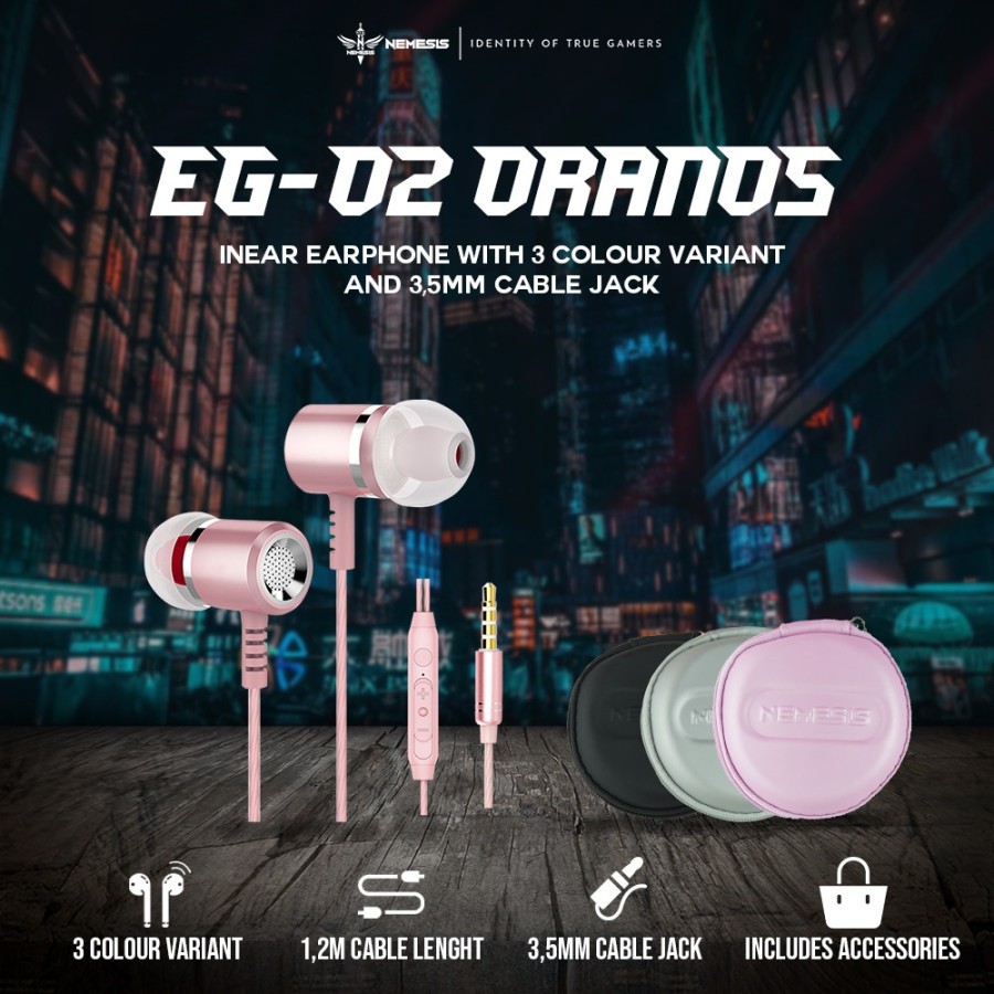 Earphone gaming nyk nemesis wired audio 3.5mm stereo with mic free pouch oranos eg-02 eg02 - In ear