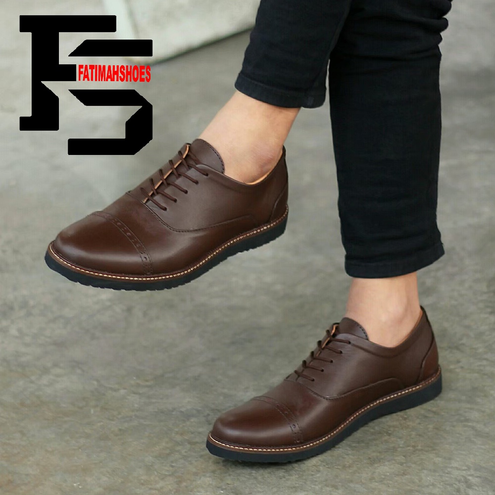 Sepatu Pantofel Formal Kasual Kulit Pria Kerja Kantor FATIMAHSHOES Kulit Asli Hitam Coklat