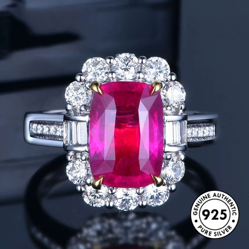 Cincin S925 Silver Bentuk Kotak Aksen Berlian Warna Merah