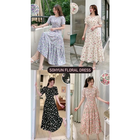 SOHYUN FLORAL DRESS KOREAN VINTAGE CASUAL FORMAL PUFFY MIDI SQUARE NECK PASTEL PANTAI BUNGA KOREA