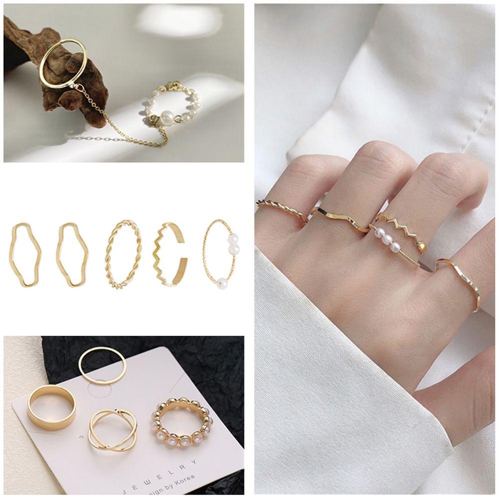 4pcs Cincin Model Terbuka Desain Bunga Aksen Mutiara Warna Emas Untuk Hadiah Valentine