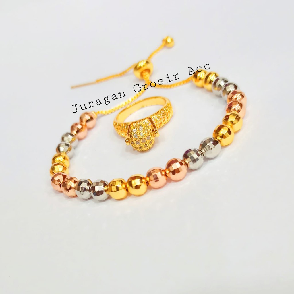 TITANIUM Gelang Wanita Serut 3D Kombinasi Warna Gold &amp; Silver Anti Karat Tidak Luntur