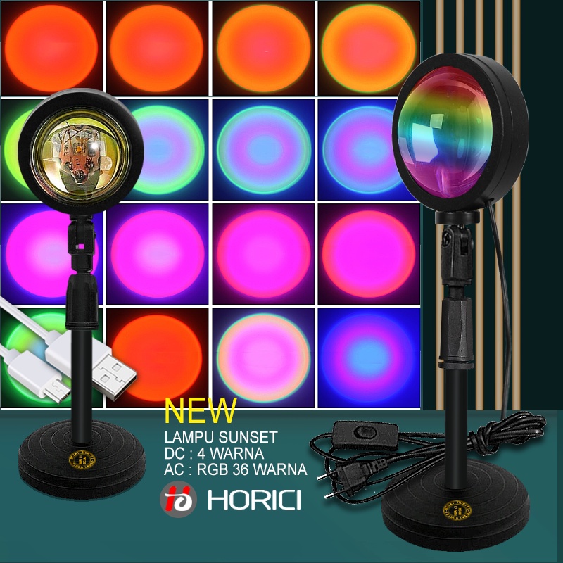 Horici Lampu Sunset DC 4Warna Dan AC RGB 16Warna Rainbow Sunset Lampu LED RGB Sunlight Lampu Proyeksi Lampu Malam Lampu Meja