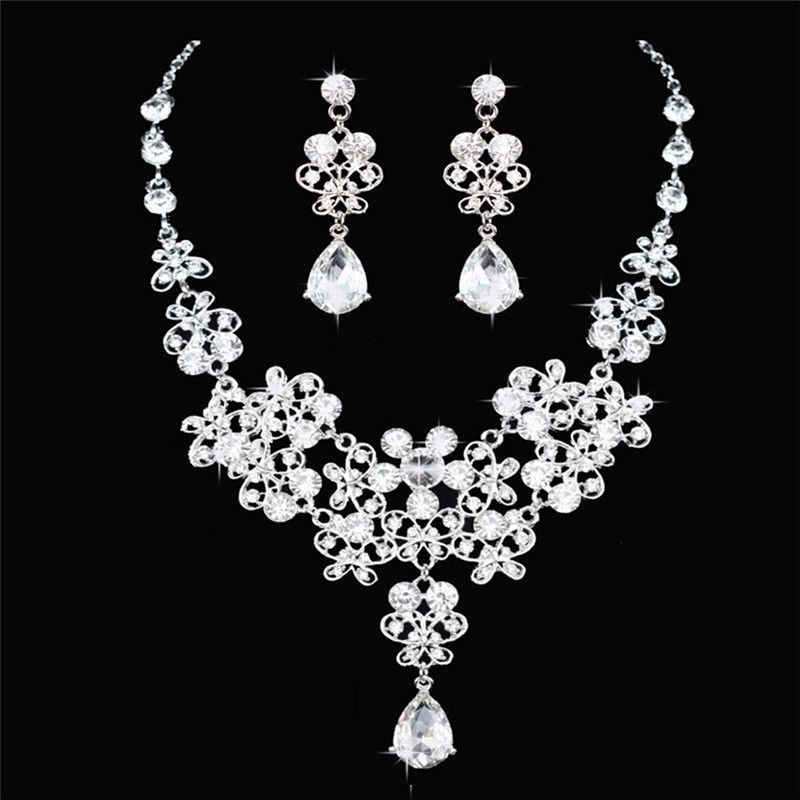 Girl Wedding Bridal Crystal Rhinestone Necklace Earrings Crown Tiara Jewelry Set