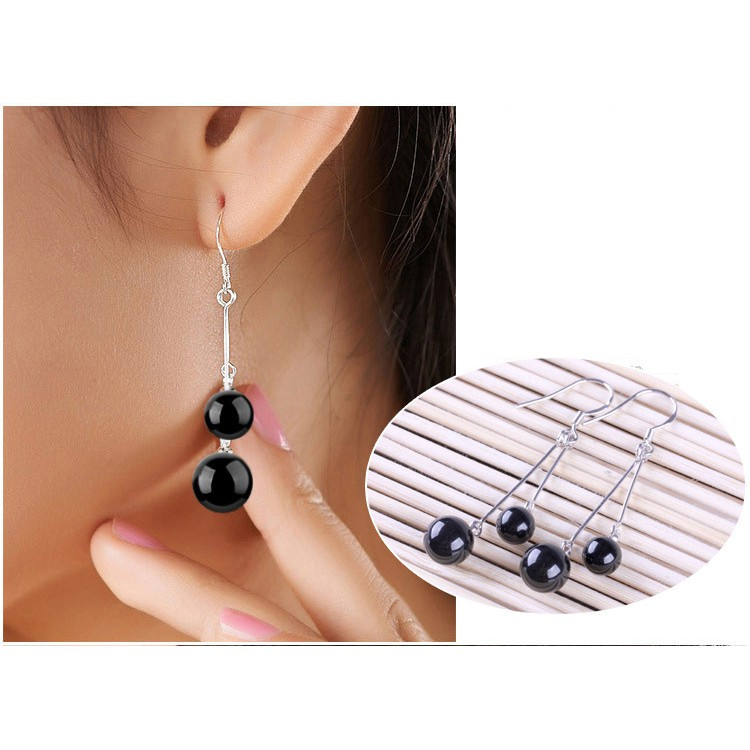 925 Perak Liontin Anting-Anting Korea Gadis Mutiara Hitam Merah Batu Akik Fashion Ornamen