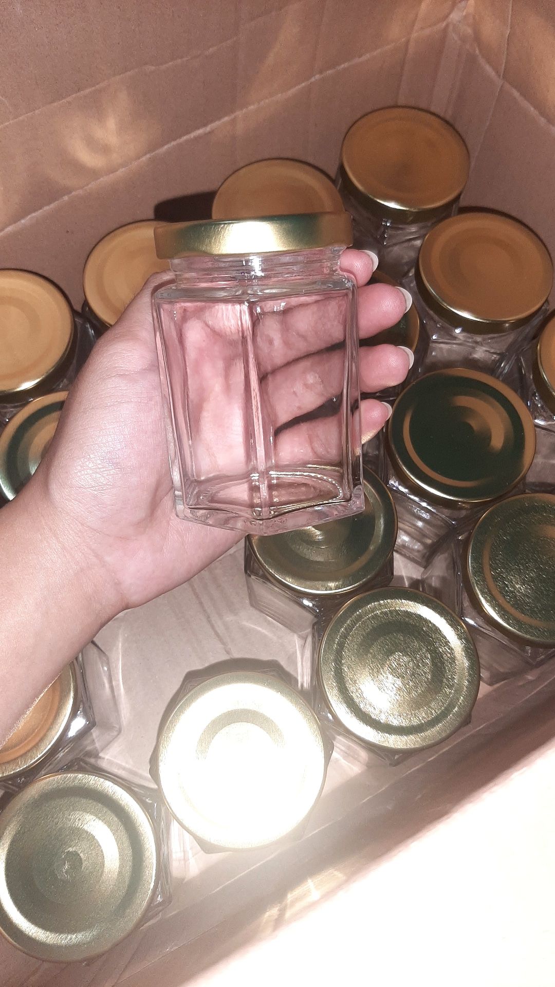 Jar Toples Jar Kaca Hexagonal Gold 190 Ml Wadah Kue Dessert