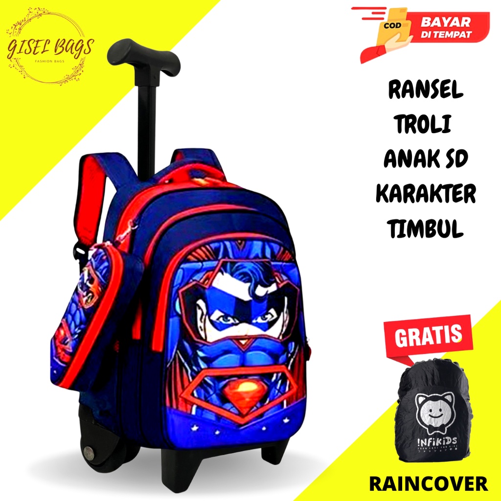 GB-Tas ransel troli anak laki laki SD tas ransel troli anak timbul tas ransel troli anak karakter superhero GRATIS kotak pensil dan jas tas