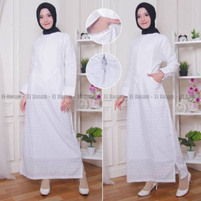 Gamis putih wanita haji umroh dan gamis putih lebaran bahan katun paris busui resleting depan