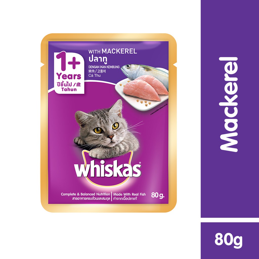 WHISKAS® Makanan Kucing Basah Pouch 80gr Isi 24-Mackerel