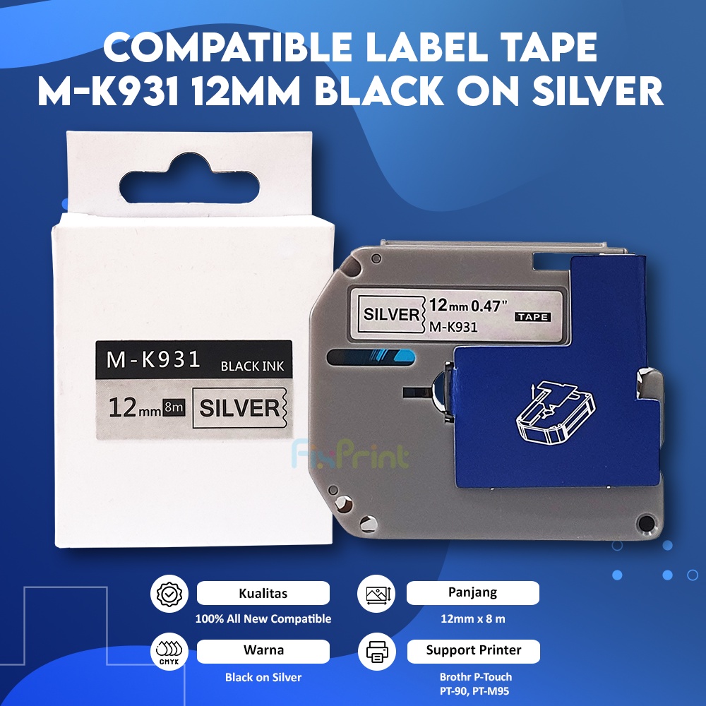 mpatible Label Tape M-K931 12mm Black On Silver, Casette MK 931 12mm x 8mm Printer Brothr P-Touch PT-90 PT-M95