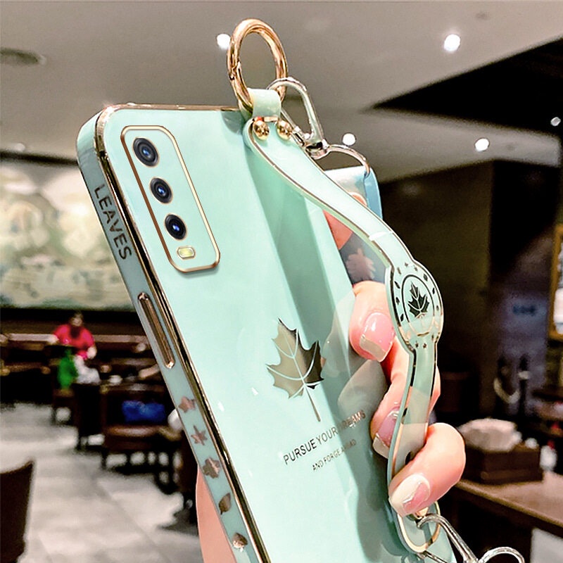 Case Motif Daun Maple Dengan lanyard Untuk Vivo Y12S 2021 Y12A Y20 2021 Y20i Y20A Y20S G