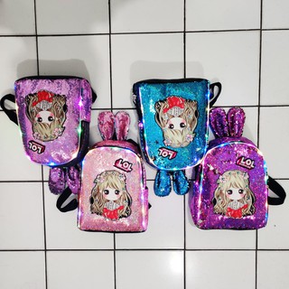  TAS  LOL  RANSEL SEQUIN USAP GLITTER  KUPING LED MOTIF 