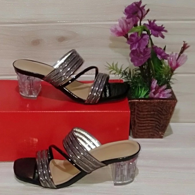 PROMO... sandal heels wanita hak kaca 5cm BIG SIZE sendal heel chunky premium black silver gold mocca sandal hak kaca cewe ukuran jumbo besar 41-45 pesta formal casual kondangan arisan ibu2