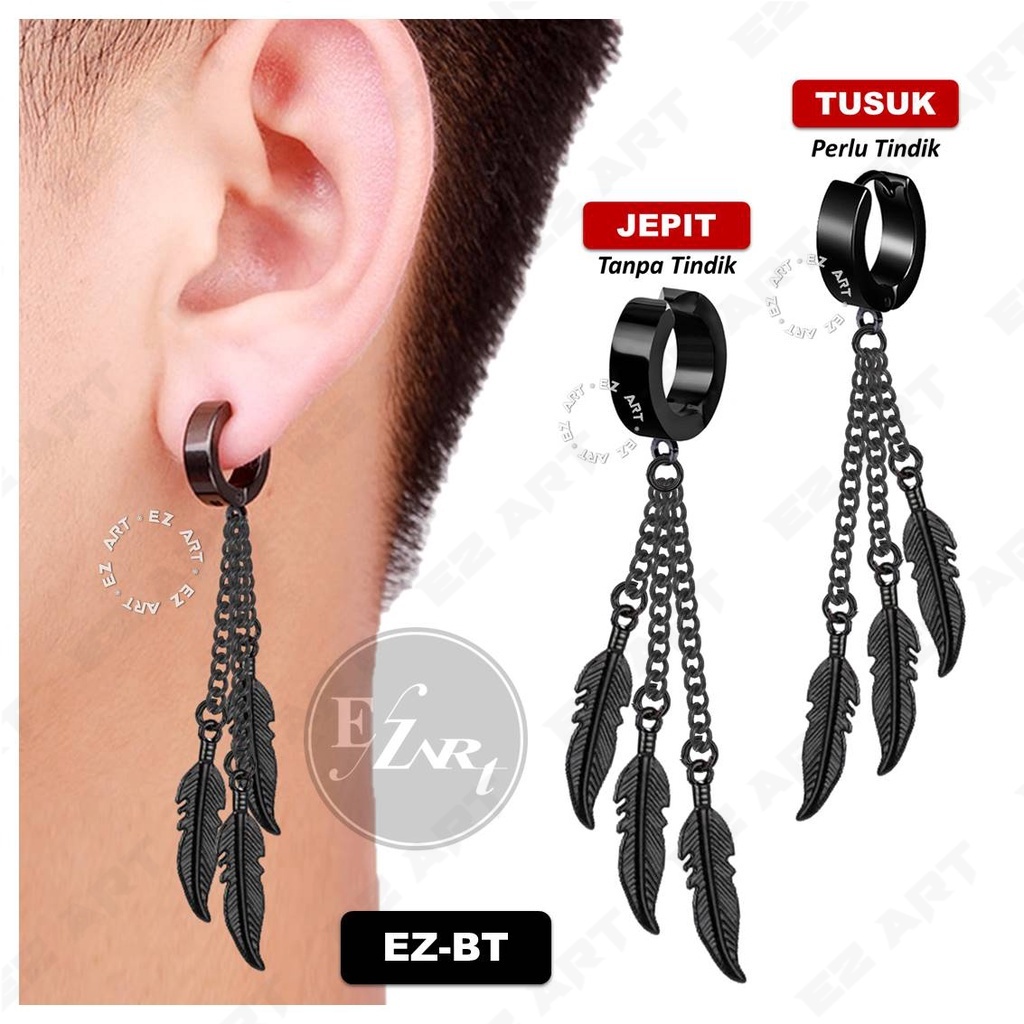 1Pc EZ-BT ANTING RUMBAI BULU RANTAI HITAM TRIPLE BLACK FEATHER JEPIT TUSUK PRIA WANITA KPOP BTS