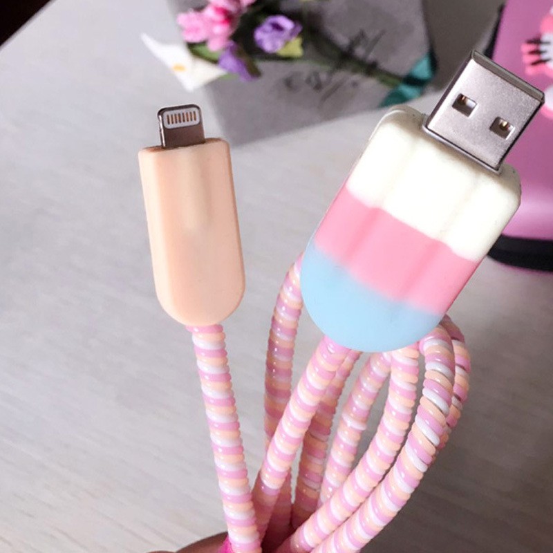 Pelindung Kabel data / Charger USB Bentuk Es Krim Warna-Warni Untuk iPhone 12 11 6 7 8 X