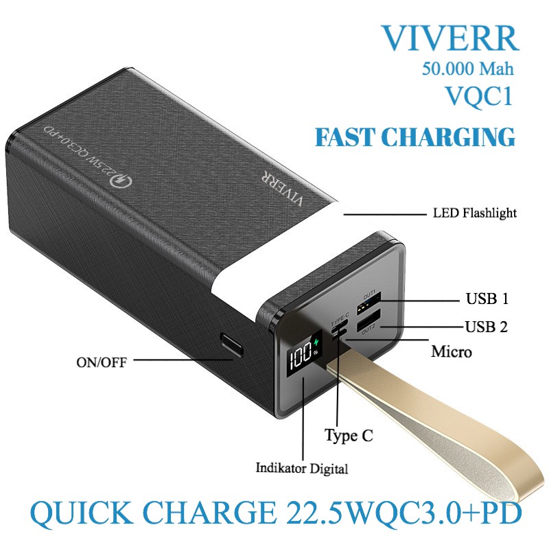 Powerbank VIVERR Real kapasitas 50.000 Mah Quick Charger 22.5W QC3.0+ PD Fast Charging Original.