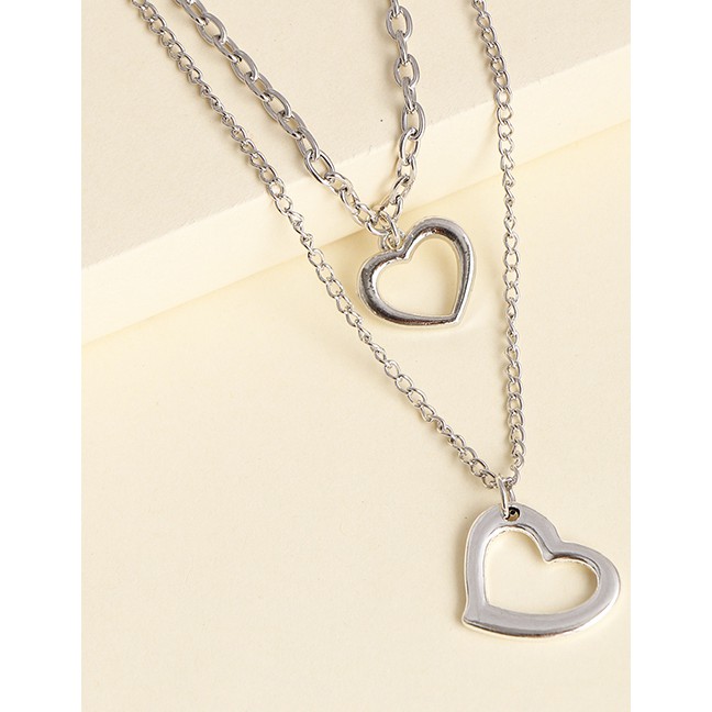 LRC Kalung Wanita Fashion Silver Alloy Heart-shaped Hollow Multi-layer Necklace K43638