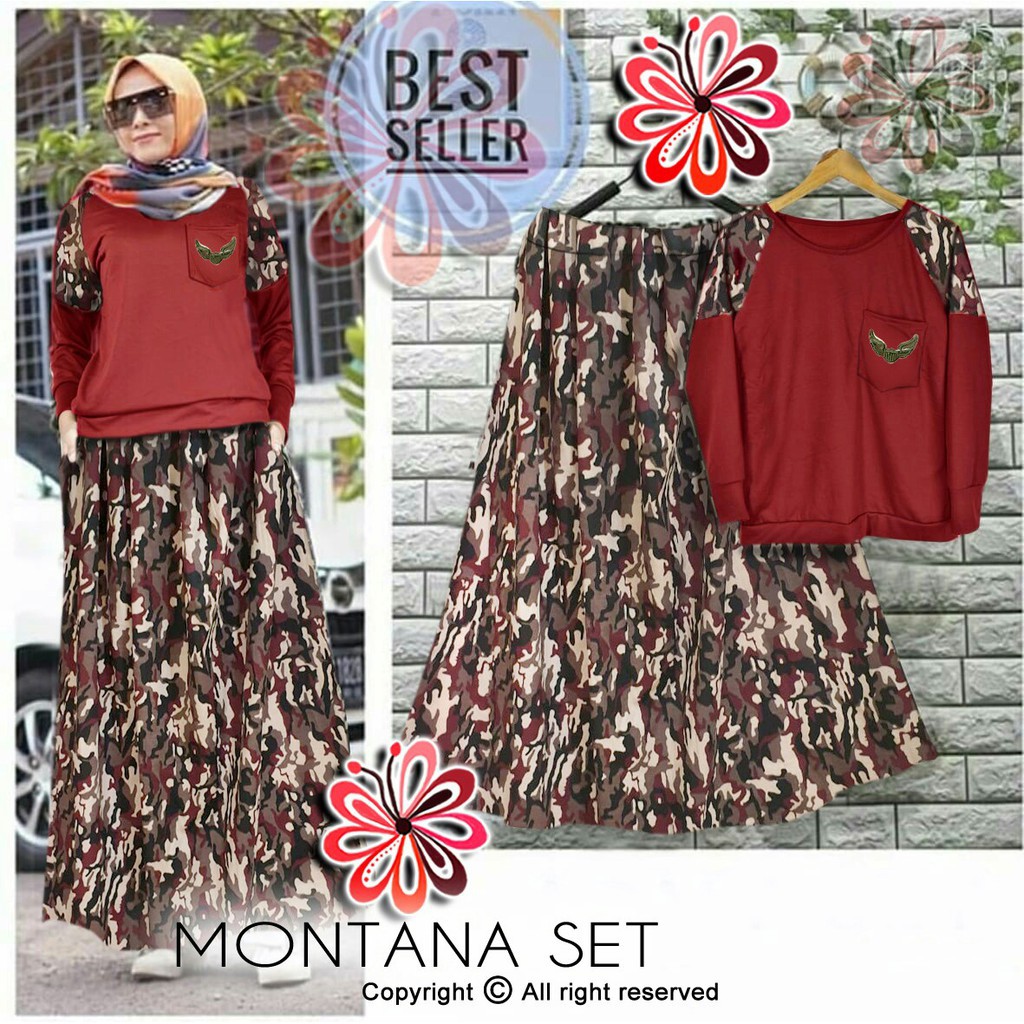 Montana Set 105 Atasan wafel aplikasi bordirRok Katun Asli Army KIN ON