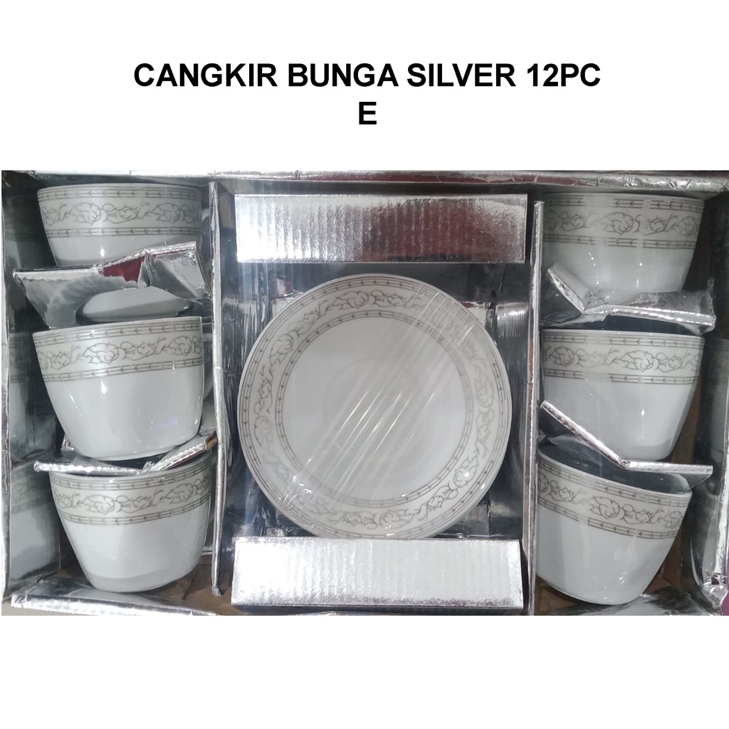 Cangkir Teh Keramik Bunga Silver SET 12 Hampers Hadiah Gift Box