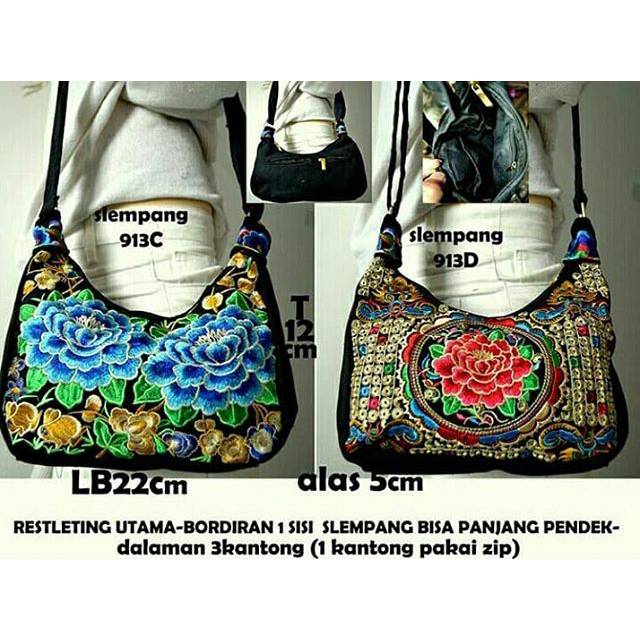 Tas selempang Thailand mini bordir bunga 2sisi