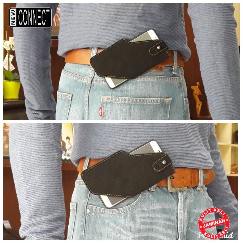 Sarung Hp Pinggang Kulit Asli Diagonal Hitam Suede