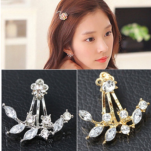 Hu Hu Hu Hu Hu Alat Bantu Pasang Kacamata♡ Anting Tusuk Desain Daun Aksen Berlian Imitasi Untuk Wanita