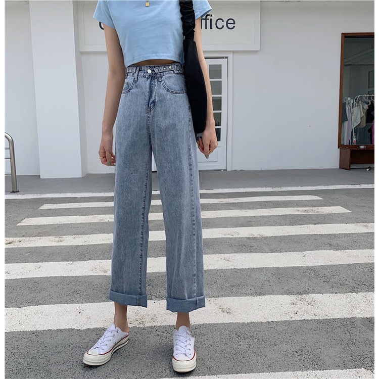 Celana panjang wanita baru slim-fit high-waist straight-leg wide-leg jeans