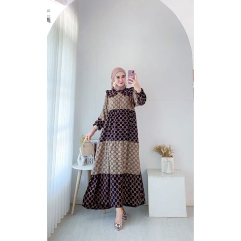 COD - Asmiranda Maxy Gamis Muslim Aurora Dress Shakila Aksen Renda Import Ld  110 Fit XL-Coklat