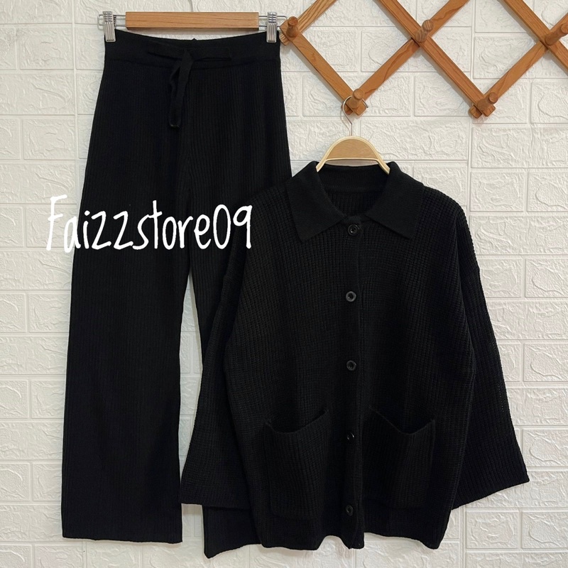 One set Stelan Celana Kulot Wanita / Keyra Oversize Cardigan Rajut Kancing Wanita