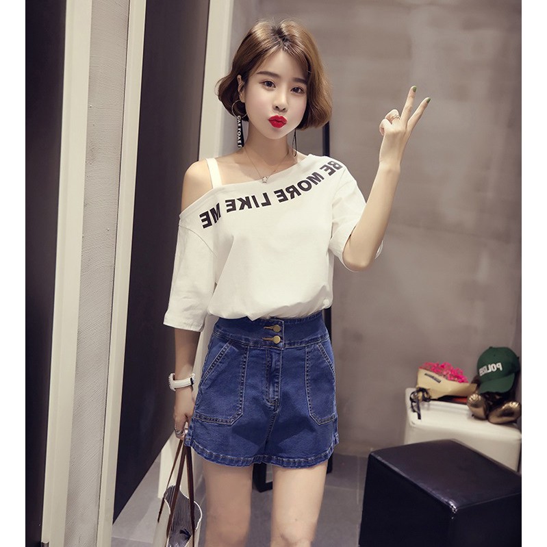 Baju Atasan Ulzzlang T-Shirt Fashion Korean Style Tampak Bahu Kaos Cantik Kaos Wanita Lengan Pendek