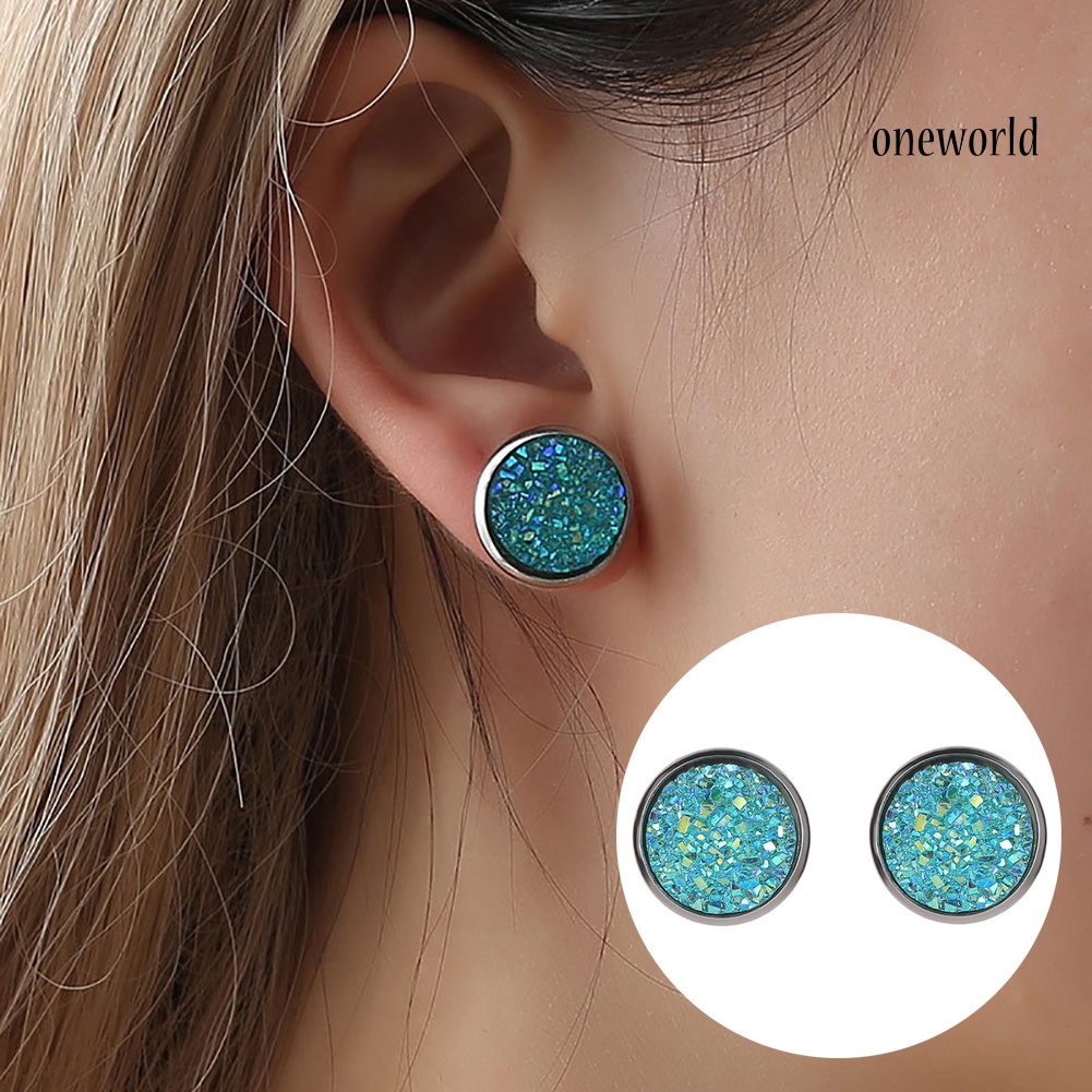 OW@ Women Round Starry Sky Ear Studs Stainless Steel Earrings Piercing Jewelry Gift