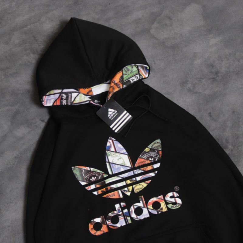 SWEATER HOODIE ADIDAS TREEFOIL MULTICOLOR HITAM AUTHENTIC FULLTAG