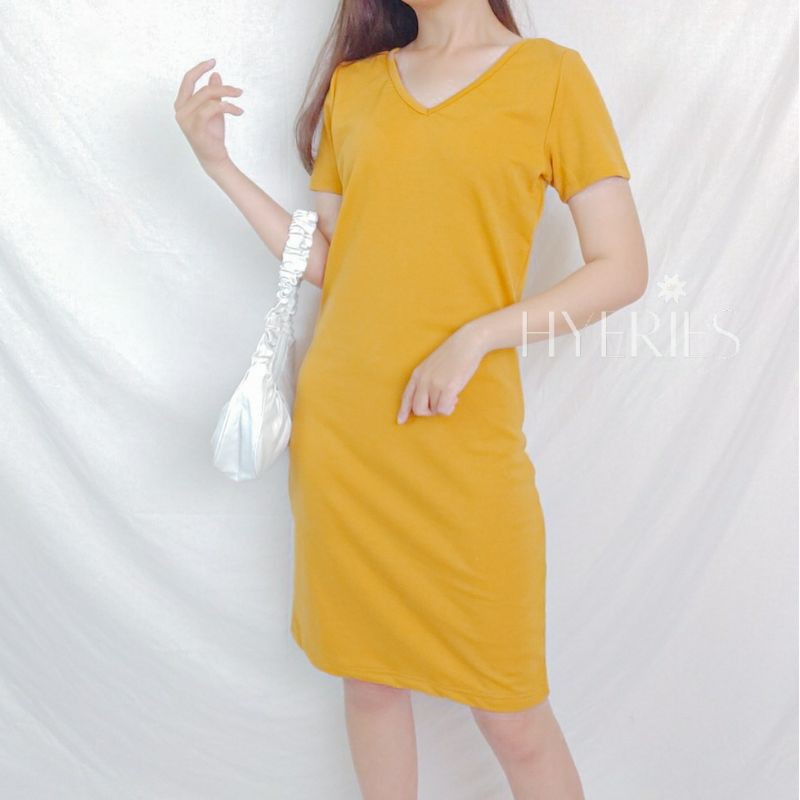 HYERIES BRYN Casual Dress Korea Polos Vneck Lengan Pendek Midi Dress Bodycon Selutut Dress Scuba