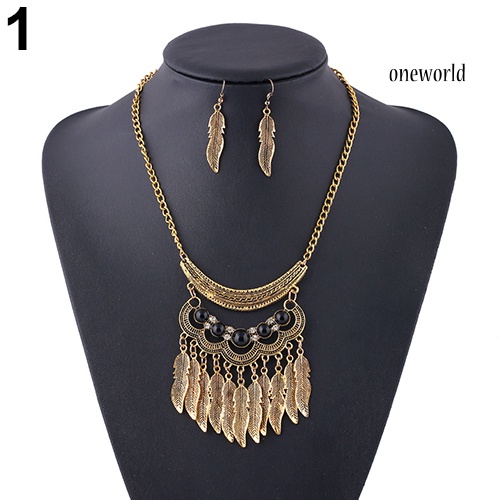 OW@ Women Vintage Leaves Tassels Pendant Choker Necklace Hook Earrings Jewelry Set