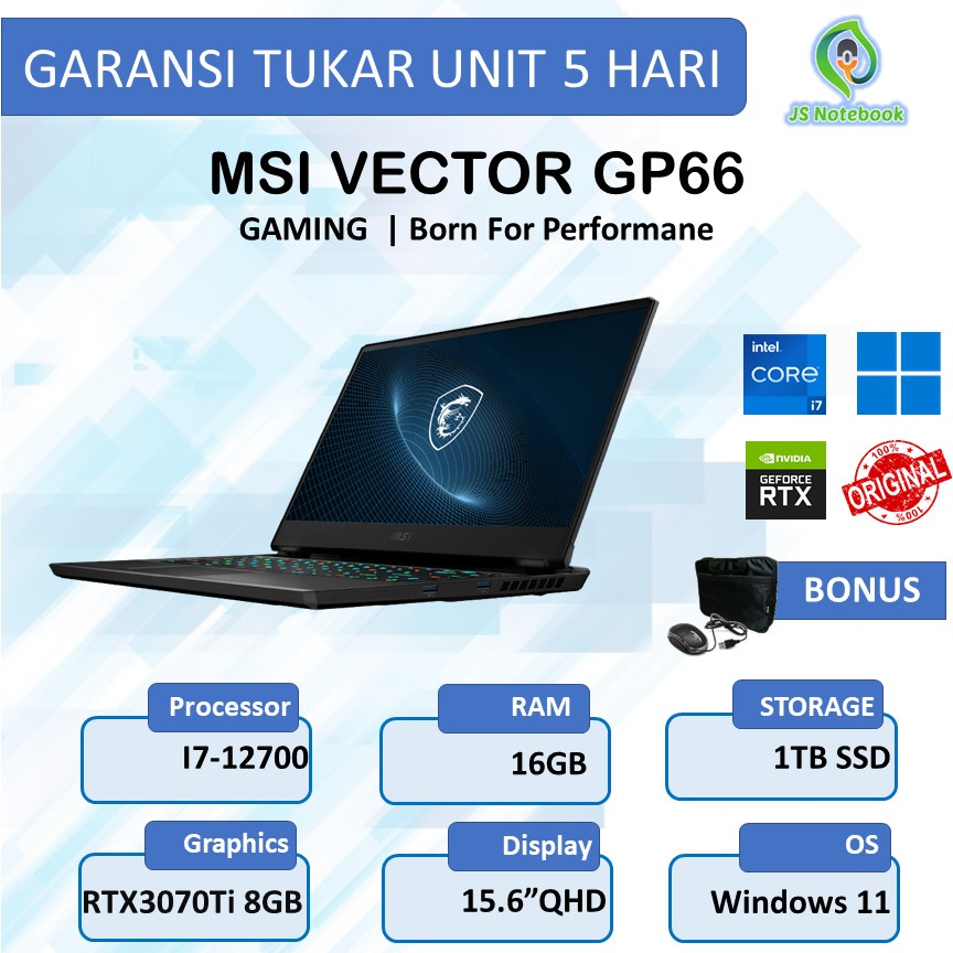 MSI VECTOR GP66 I7 12700H 16GB 1TBSSD RTX3070TI 8GB W11 15.6QHD 165HZ BLACK