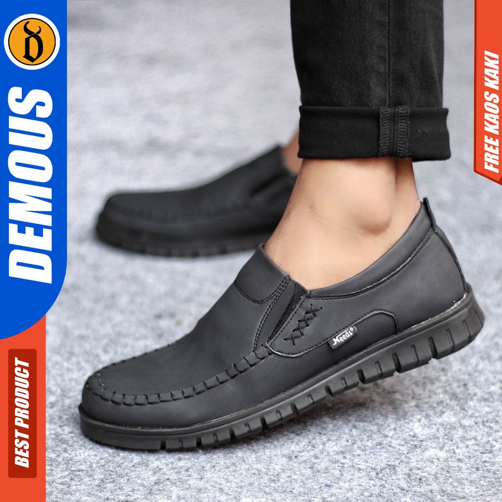 Sepatu Kasual Pria Casual Formal Slip On Kulit Pu Kerja Hitam Coklat Demous Bleno