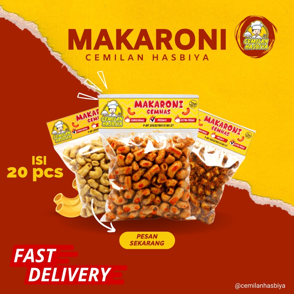 Makaronoi cemhas Cemilan Hasbiya isi 20pcs,makaroni bantet tasikmalaya, bantet extra pedas