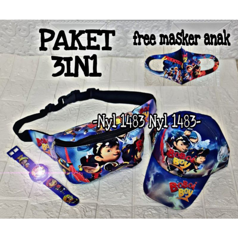 PAKET MURAH 3IN1 TAS SELEMPANG WAISTBAG ANAK KARAKTER KARTUN FREE JAM DAN TOPI ANAK ( REAL PICT)